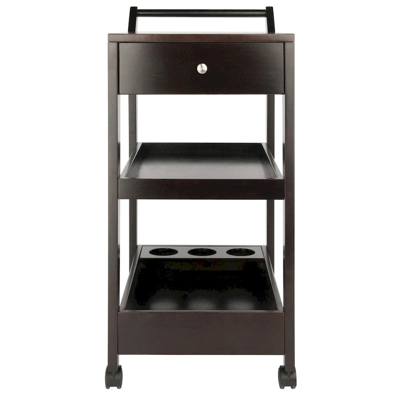 Chariot de bar de divertissement avec casier à vin et deux tiroirs au fini espresso – 18,03 x 26,77 x 37,24 po.