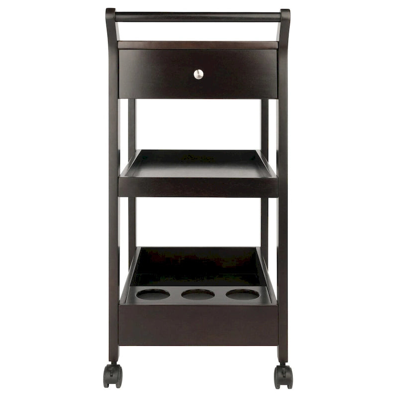 Chariot de bar de divertissement avec casier à vin et deux tiroirs au fini espresso – 18,03 x 26,77 x 37,24 po.