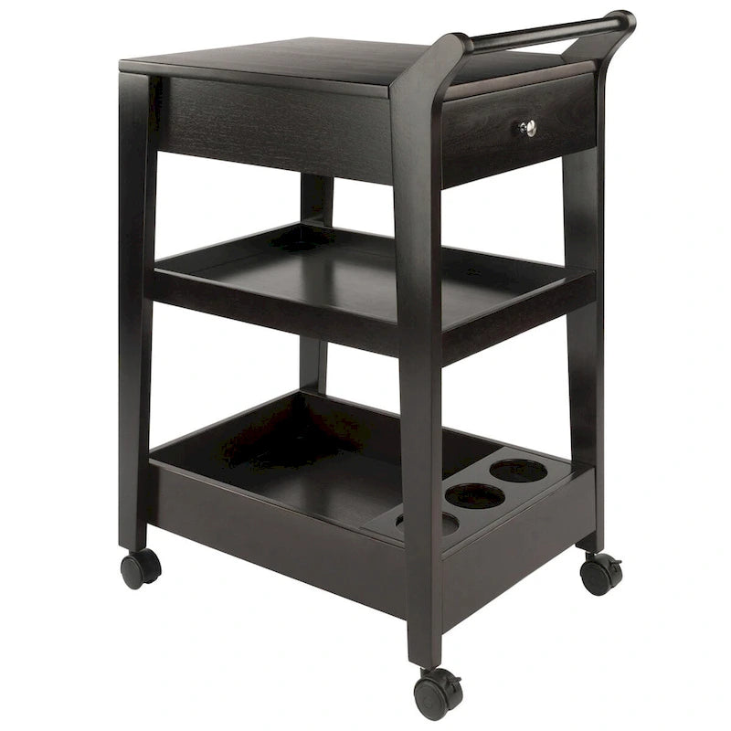 Chariot de bar de divertissement avec casier à vin et deux tiroirs au fini espresso – 18,03 x 26,77 x 37,24 po.