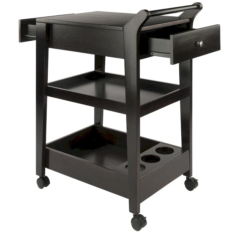 Chariot de bar de divertissement avec casier à vin et deux tiroirs au fini espresso – 18,03 x 26,77 x 37,24 po.