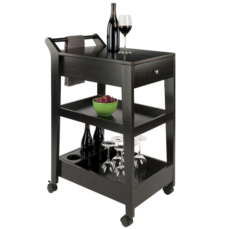 Chariot de bar de divertissement avec casier à vin et deux tiroirs au fini espresso – 18,03 x 26,77 x 37,24 po.