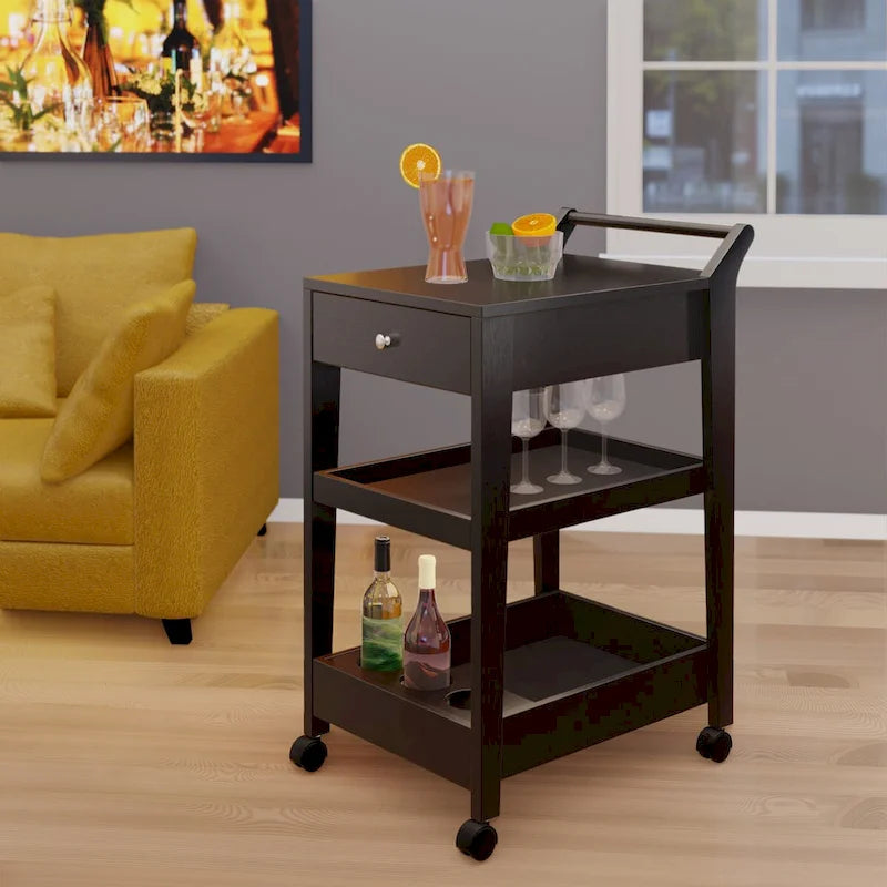 Chariot de bar de divertissement avec casier à vin et deux tiroirs au fini espresso – 18,03 x 26,77 x 37,24 po.