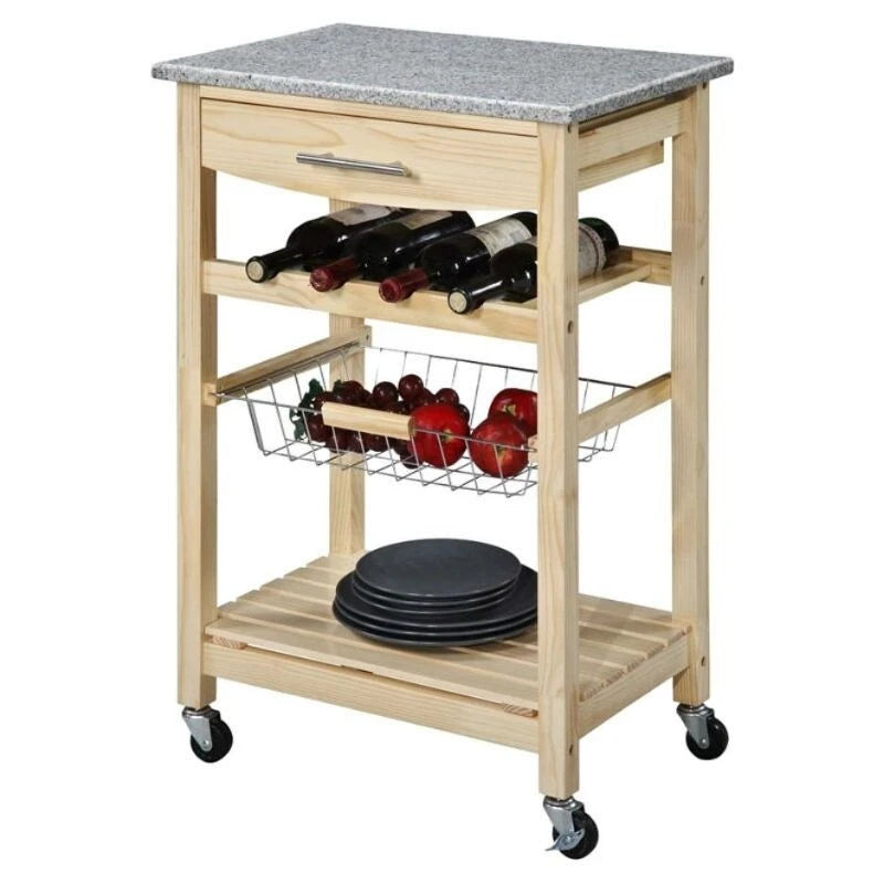 Desserte îlot de cuisine en bois naturel avec plateau en granit – 57,9 cm l x 39,6 cm P x 86,1 cm H