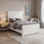 Lit à panneau blanc perle et beige avec pied de support
