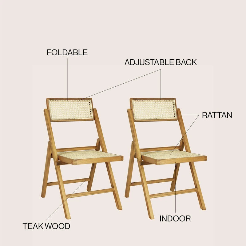 Chaises pliantes en rotin et bois rétro médiévales avec dossiers réglables (deux chaises par lot).