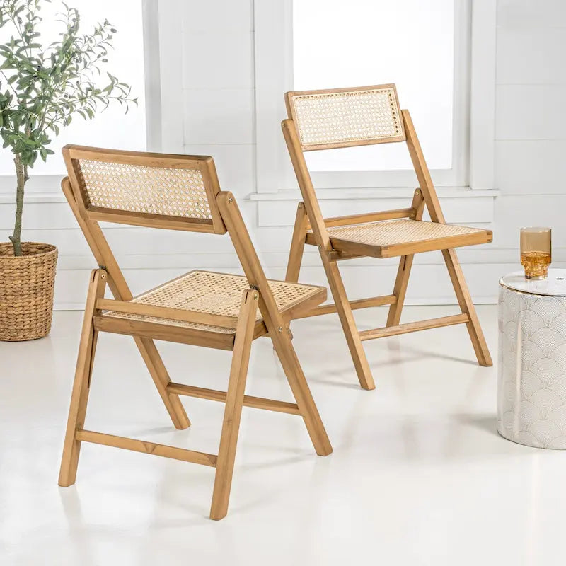 Chaises pliantes en rotin et bois rétro médiévales avec dossiers réglables (deux chaises par lot).