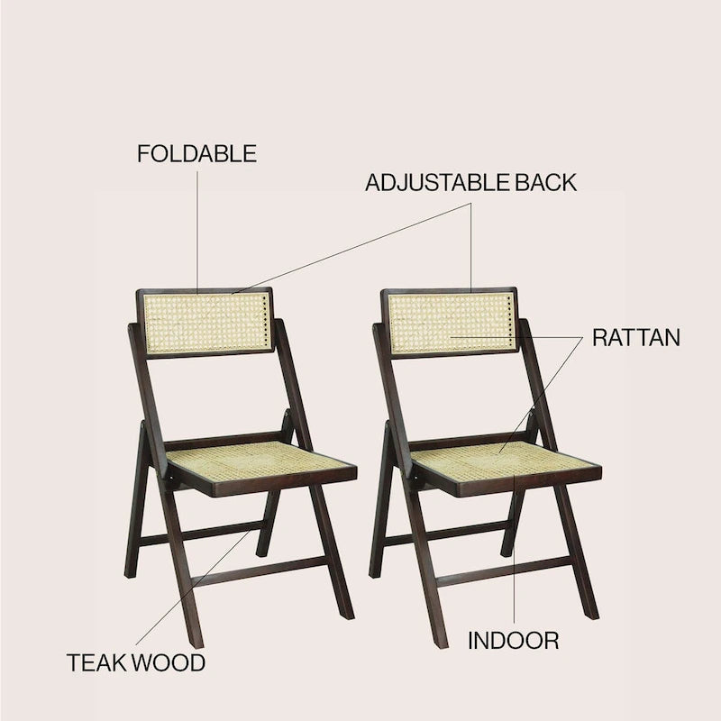 Chaises pliantes en rotin et bois rétro médiévales avec dossiers réglables (deux chaises par lot).