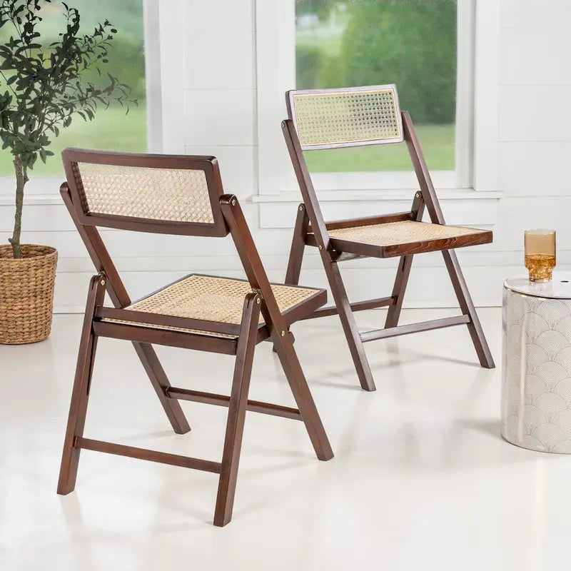 Chaises pliantes en rotin et bois rétro médiévales avec dossiers réglables (deux chaises par lot).