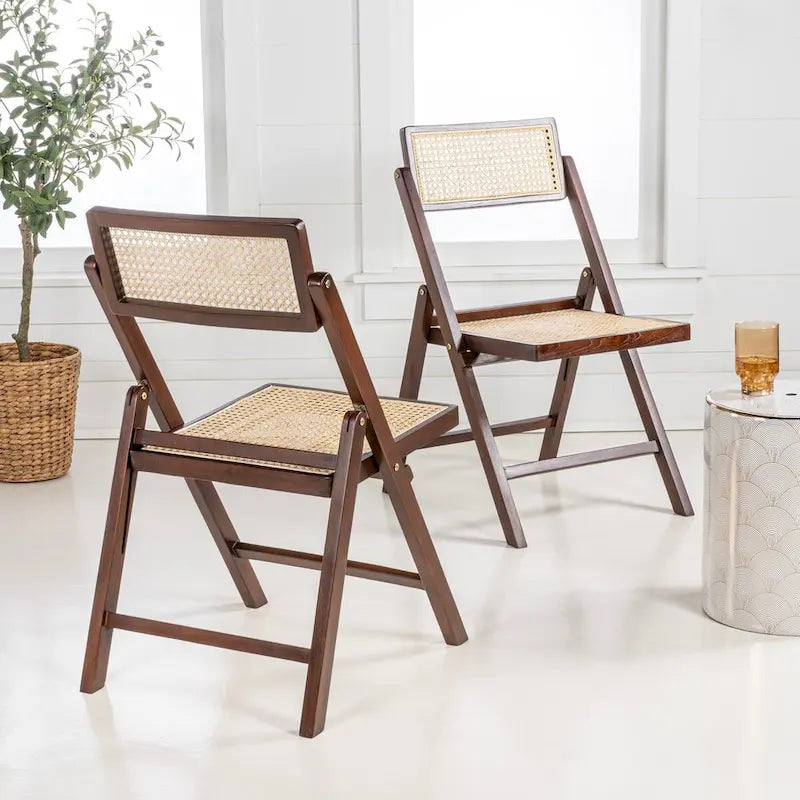 Chaises pliantes en rotin et bois rétro médiévales avec dossiers réglables (deux chaises par lot).