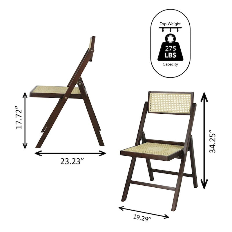 Chaises pliantes en rotin et bois rétro médiévales avec dossiers réglables (deux chaises par lot).