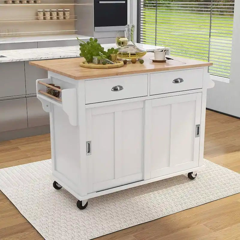 Chariot de cuisine pliant en bois d'hévéa avec 2 tiroirs et un placard de rangement