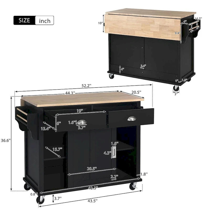 Chariot de cuisine pliant en bois d'hévéa avec 2 tiroirs et un placard de rangement