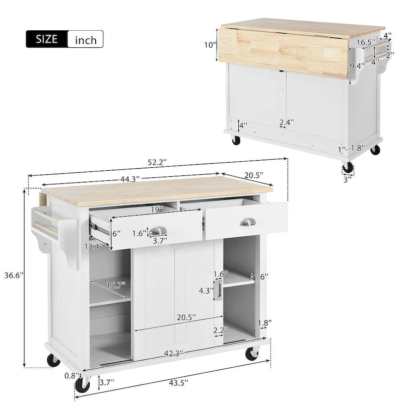 Chariot de cuisine pliant en bois d'hévéa avec 2 tiroirs et un placard de rangement
