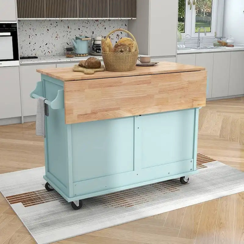 Chariot de cuisine pliant en bois d'hévéa avec 2 tiroirs et un placard de rangement