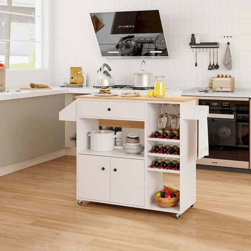 Rolling Kitchen Cart Kitchen Island Cart w/ Drop-Leaf & Power Outlet