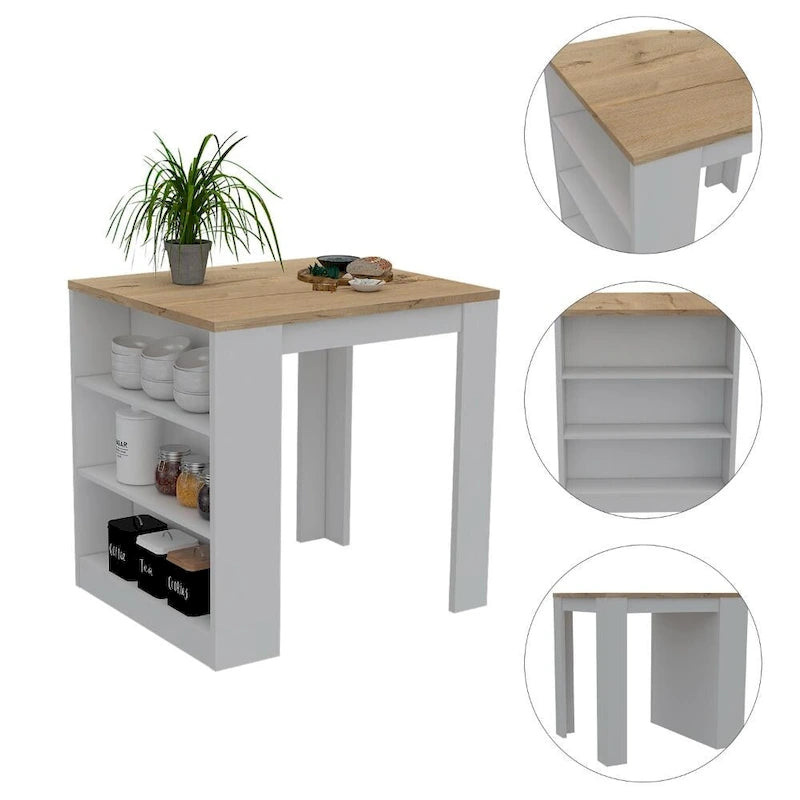 Îlot de cuisine 3 tiroirs blanc et pin