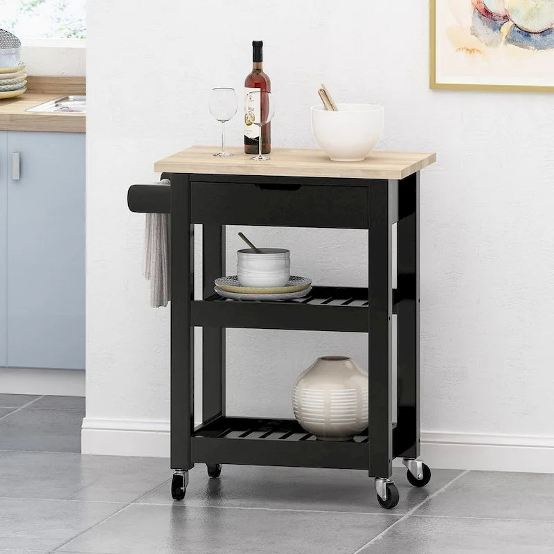 Desserte de cuisine compacte en bois avec roulettes, étagères et tiroir