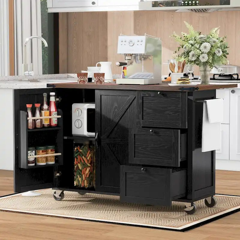 Îlot de cuisine de style ferme de 54,5 po avec prise de courant, étagère de rangement intérieure, abattant et porte-épices