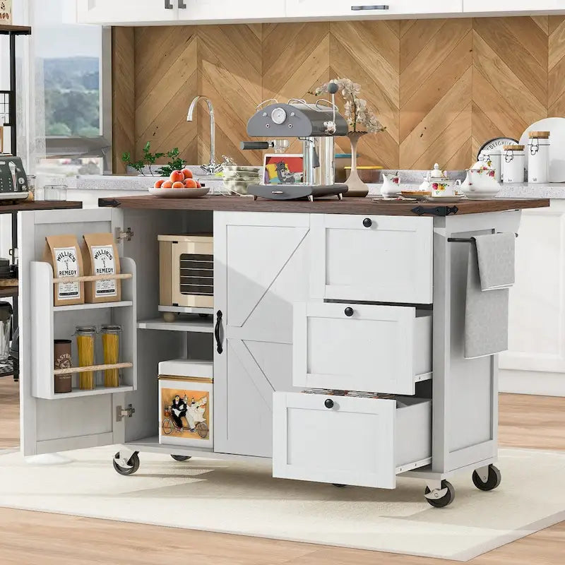 Îlot de cuisine de style ferme de 54,5 po avec prise de courant, étagère de rangement intérieure, abattant et porte-épices
