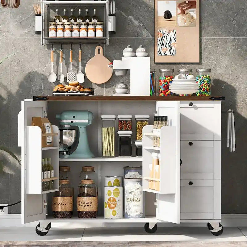 Îlot de cuisine de style ferme de 54,5 po avec prise de courant, étagère de rangement intérieure, abattant et porte-épices