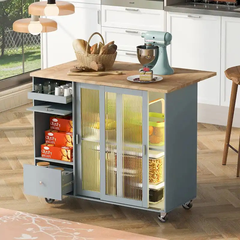 Desserte de cuisine à roulettes avec éclairage LED et 2 portes en verre cannelé