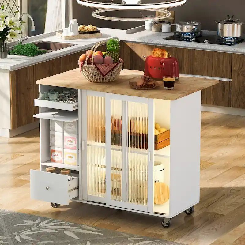 Desserte de cuisine à roulettes avec éclairage LED et 2 portes en verre cannelé