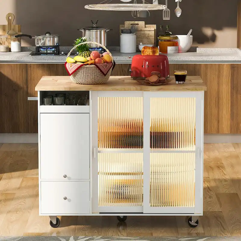 Desserte de cuisine à roulettes avec éclairage LED et 2 portes en verre cannelé