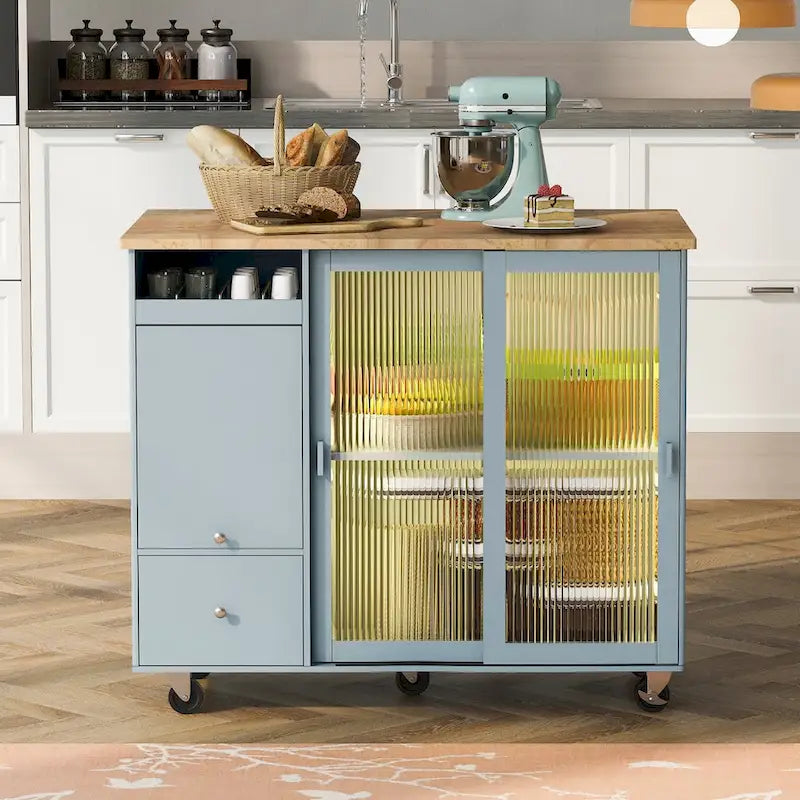 Desserte de cuisine à roulettes avec éclairage LED et 2 portes en verre cannelé