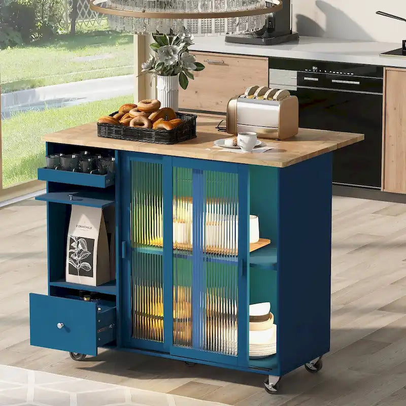 Desserte de cuisine à roulettes avec éclairage LED et 2 portes en verre cannelé