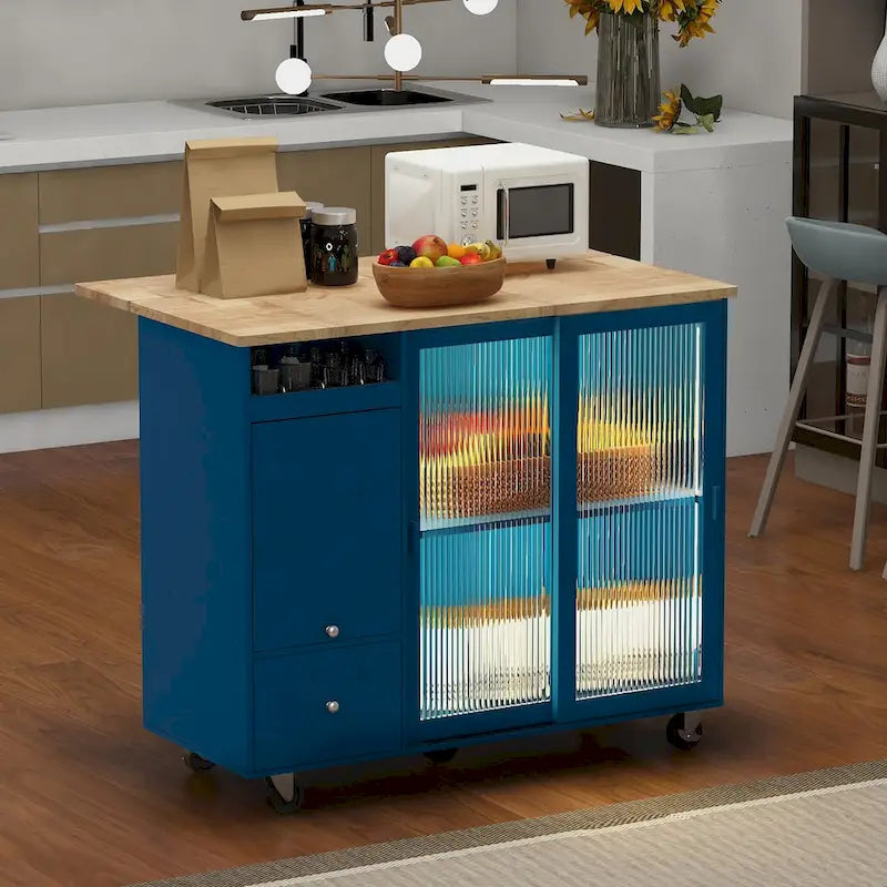 Desserte de cuisine à roulettes avec éclairage LED et 2 portes en verre cannelé