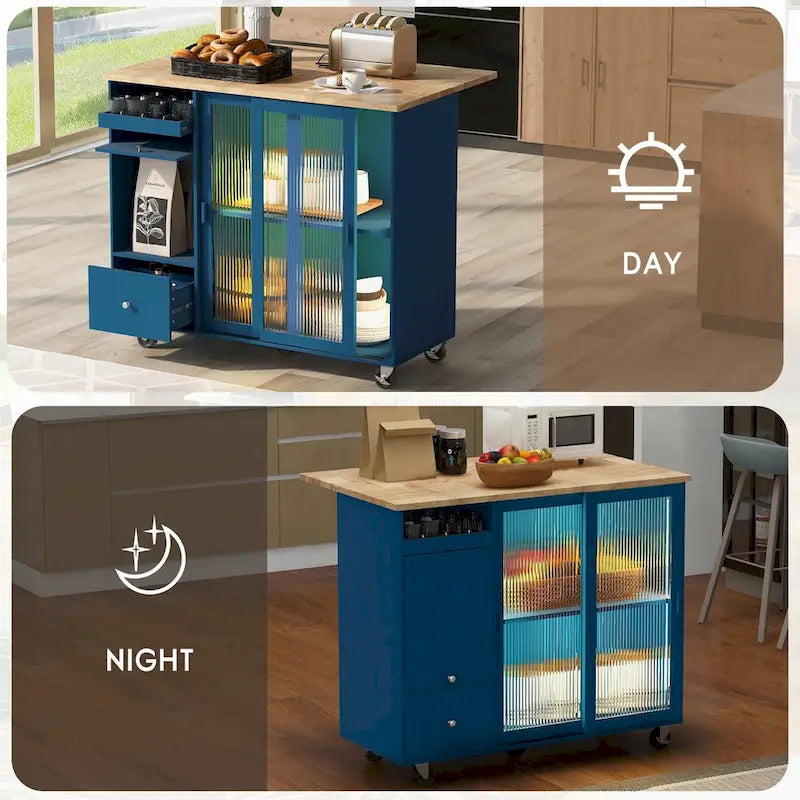 Desserte de cuisine à roulettes avec éclairage LED et 2 portes en verre cannelé