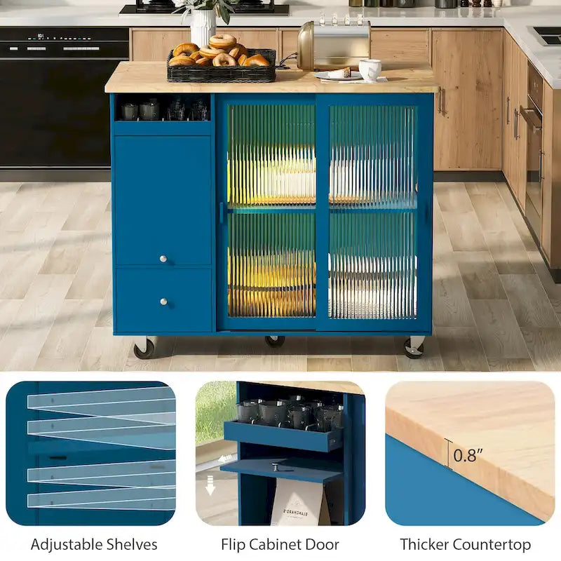 Desserte de cuisine à roulettes avec éclairage LED et 2 portes en verre cannelé
