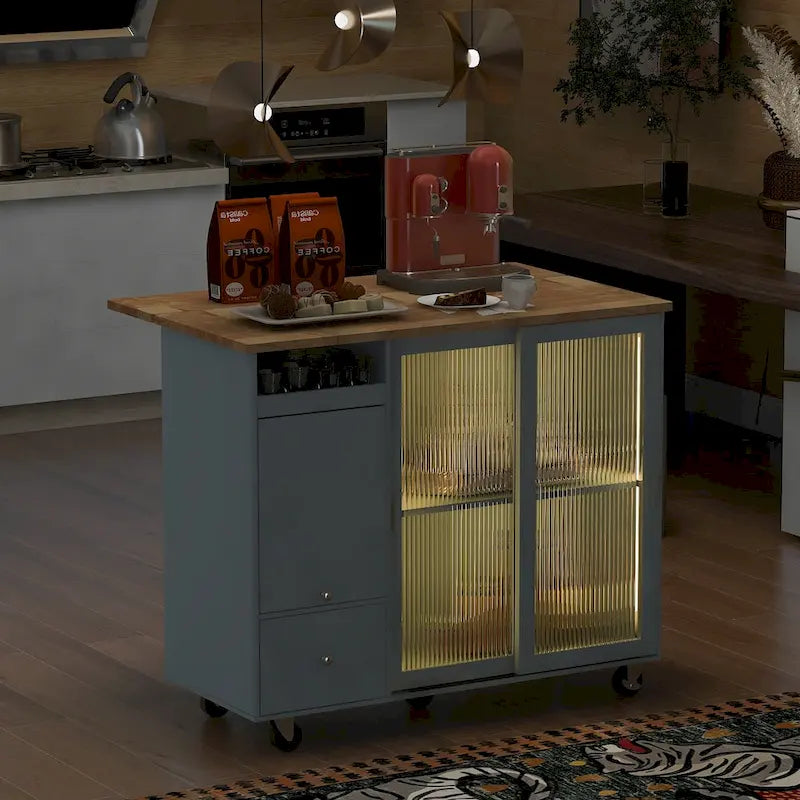 Desserte de cuisine à roulettes avec éclairage LED et 2 portes en verre cannelé
