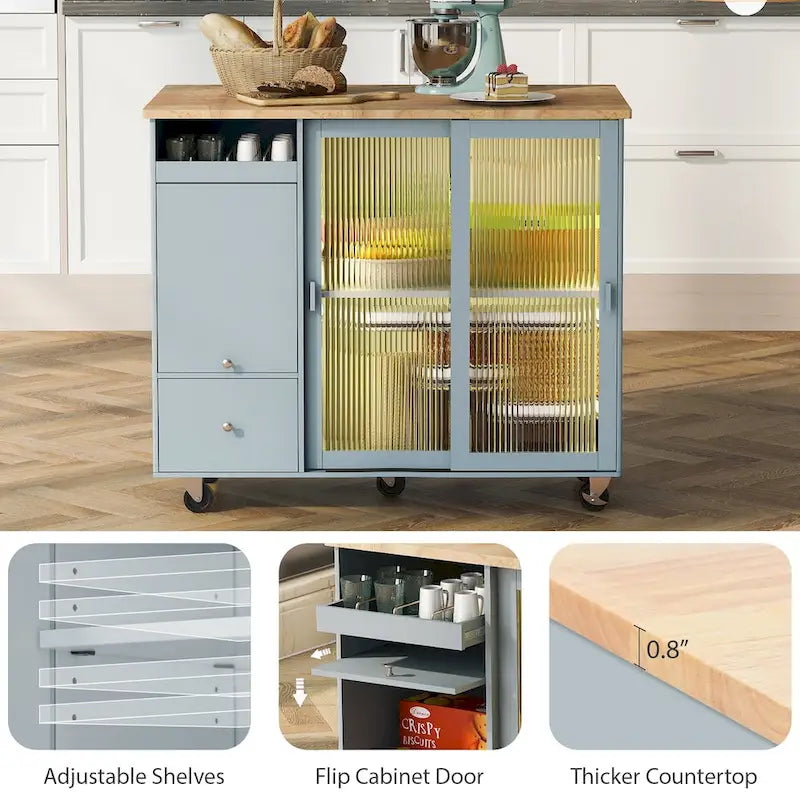 Desserte de cuisine à roulettes avec éclairage LED et 2 portes en verre cannelé