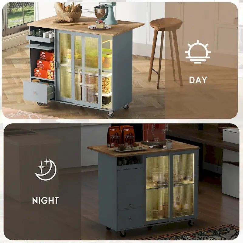 Desserte de cuisine à roulettes avec éclairage LED et 2 portes en verre cannelé