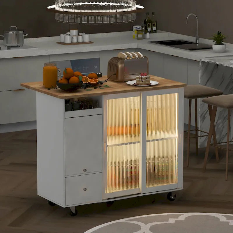 Desserte de cuisine à roulettes avec éclairage LED et 2 portes en verre cannelé