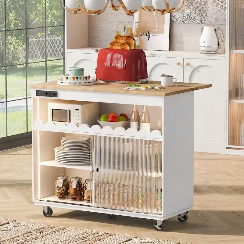 Îlot de cuisine sur roulettes avec éclairage LED, abattant et prises électriques