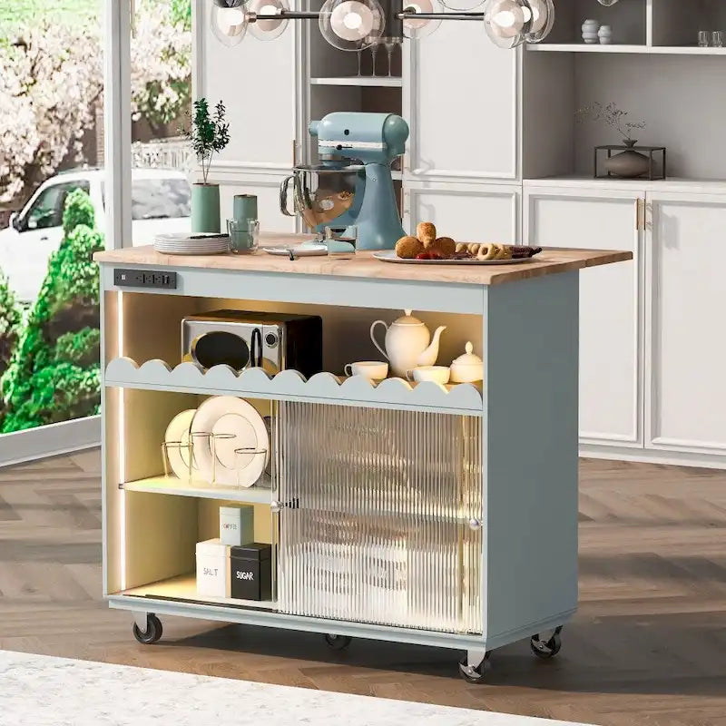Îlot de cuisine sur roulettes avec éclairage LED, abattant et prises électriques