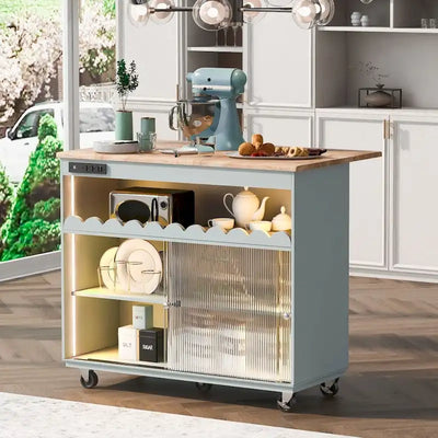 Îlot de cuisine sur roulettes avec éclairage LED, abattant et prises électriques
