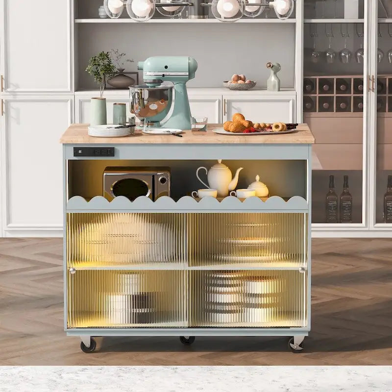 Îlot de cuisine sur roulettes avec éclairage LED, abattant et prises électriques