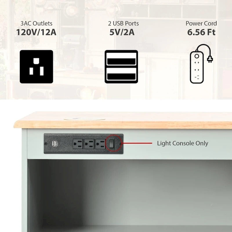 Îlot de cuisine sur roulettes avec éclairage LED, abattant et prises électriques