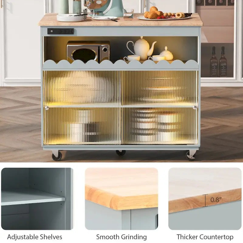 Îlot de cuisine sur roulettes avec éclairage LED, abattant et prises électriques