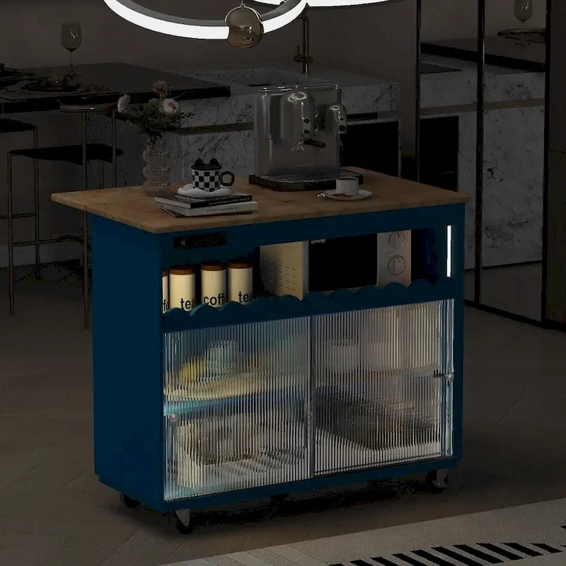 Îlot de cuisine sur roulettes avec éclairage LED, abattant et prises électriques