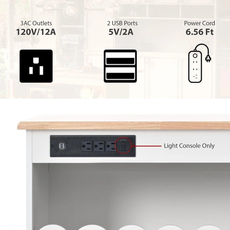 Îlot de cuisine sur roulettes avec éclairage LED, abattant et prises électriques