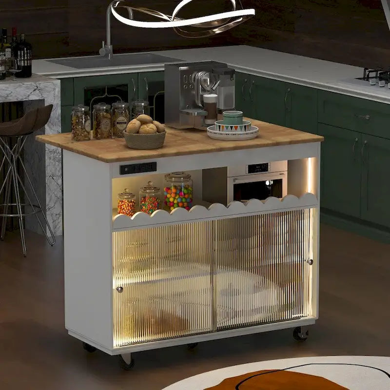 Îlot de cuisine sur roulettes avec éclairage LED, abattant et prises électriques