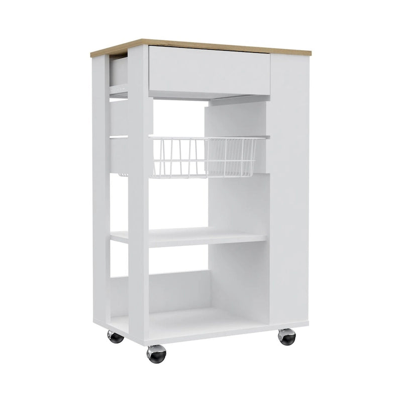 Chariot de cuisine avec un tiroir, deux étagères ouvertes et quatre roulettes en blanc et chêne clair