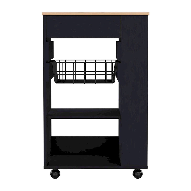 Chariot de cuisine avec un tiroir, deux étagères ouvertes et quatre roulettes en blanc et chêne clair