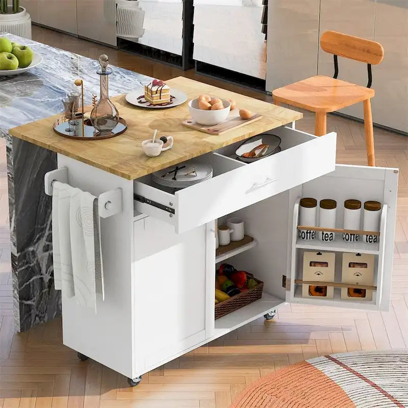 Desserte de cuisine roulante avec étagère réglable, porte-torchons et plateau en bois d'hévéa