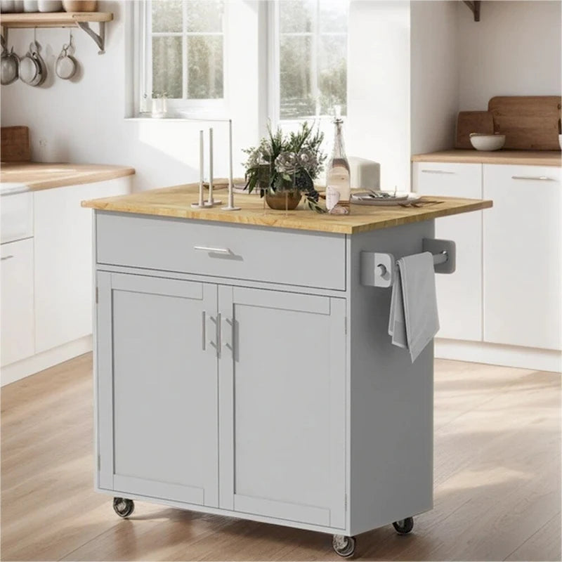 Desserte de cuisine roulante avec étagère réglable, porte-torchons et plateau en bois d'hévéa