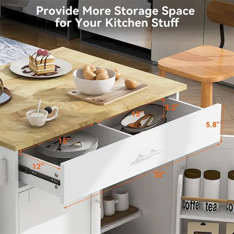 Desserte de cuisine roulante avec étagère réglable, porte-torchons et plateau en bois d'hévéa
